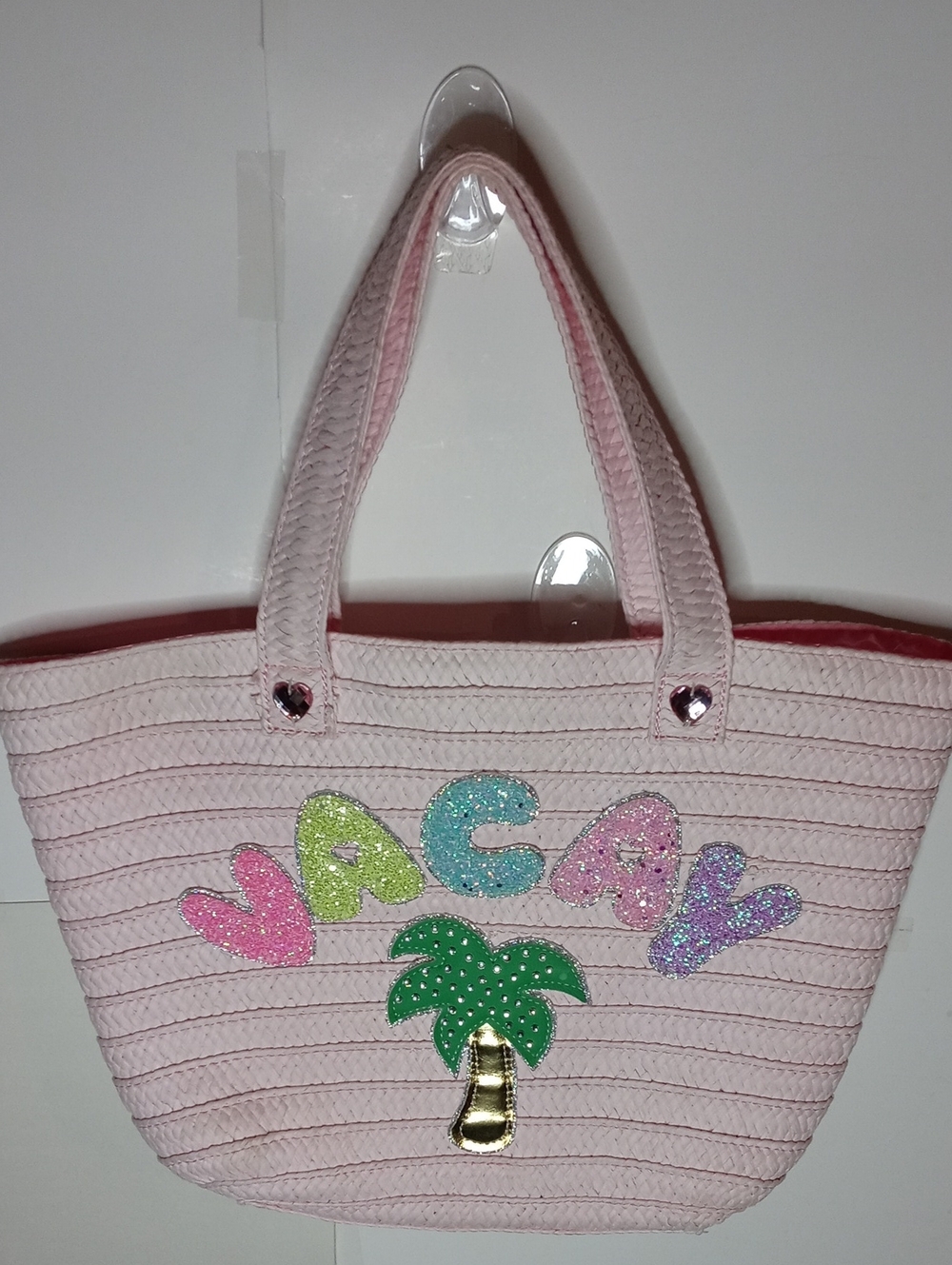 OMG Accessories Pink Vacay Straw Tote Bag Glitter Palm Tree 12" X 15"